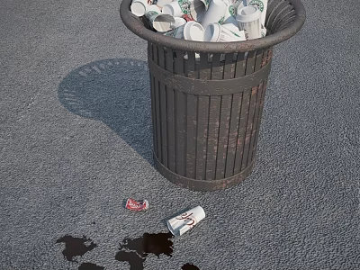 Public Trash Can Filled With Paper Cups Scattered Trash And Stains On Ground 3d model