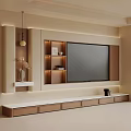 Modern TV Wall Design with Wooden Panels Built-in Shelves LED Lighting and Marble Countertop