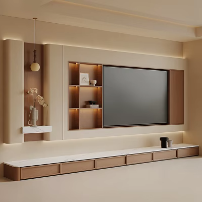 Modern TV Wall Design with Wooden Panels Built-in Shelves LED Lighting and Marble Countertop 3d model