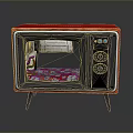 Red Vintage Microwave With Open Door And Colorful Interior Items On Stand