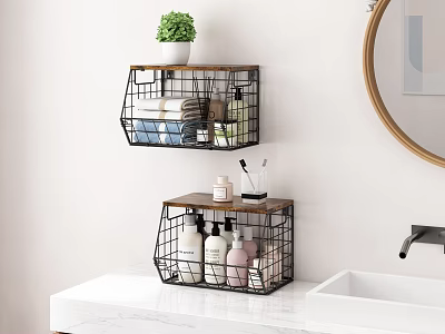 Wall Mounted Bathroom Cabinet Rack With Metal Wire Basket Wooden Top And Toiletries Storage 3d model