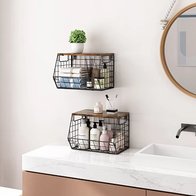 Wall Mounted Bathroom Cabinet Rack With Metal Wire Basket Wooden Top And Toiletries Storage 3d model