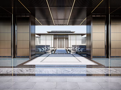 Modern Entrance Gate Design With Metal Frame Ceiling Lights And Stone Floor Details 3d model