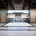 Modern Entrance Gate Design With Metal Frame Ceiling Lights And Stone Floor Details