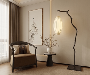 New Chinese Style Leisure Chair Single Chair Zen Floor Lamp 3d model