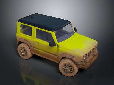 Yellow Military Off Road Vehicle With Muddy Exterior And Black Roof 3d model
