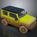 Yellow Military Off Road Vehicle With Muddy Exterior And Black Roof
