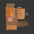 Miniature House 3D Model With Orange Roof Wooden Stairs Striped Awning And Chimney