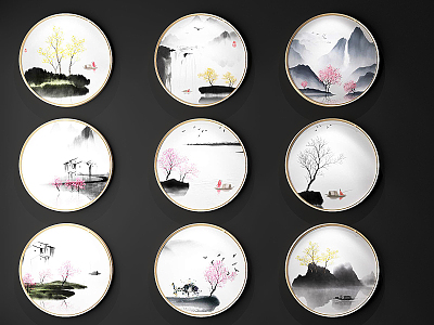 New Chinese Round Frame Painting Zen Ink Round Hanging Painting Combination 3d model