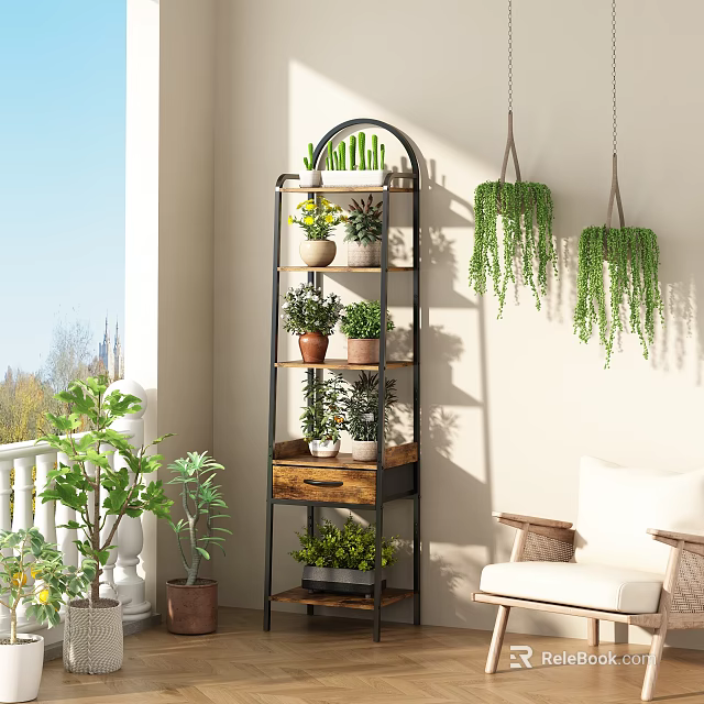 Multi Tiered Wooden And Metal Shelving Unit With Potted Plants On Outdoor Balcony 3d model 