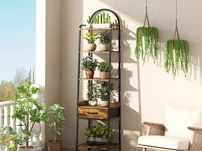 Multi Tiered Wooden And Metal Shelving Unit With Potted Plants On Outdoor Balcony 3d model