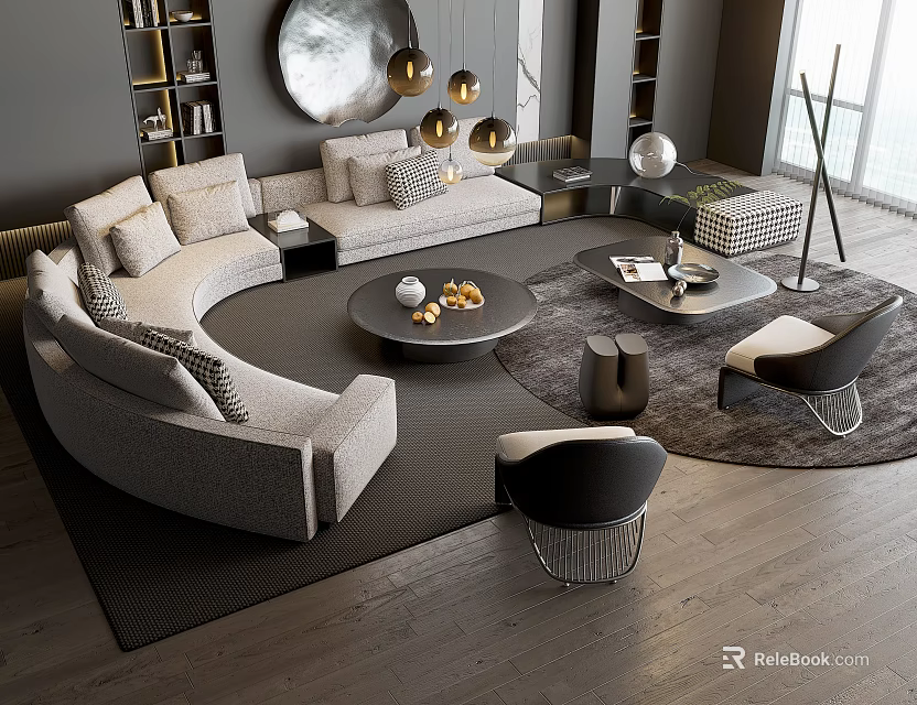 Modern L Shaped Sectional Sofa With Round Coffee Table And Decorative Elements 3d model 