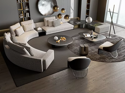 Modern L Shaped Sectional Sofa With Round Coffee Table And Decorative Elements 3d model