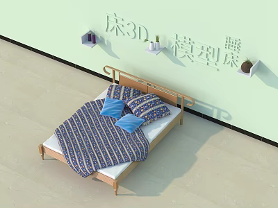 Double Bed 3D Model with Wooden Frame Blue Pillows Striped Quilt and Light Green Wall 3d model