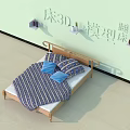 Double Bed 3D Model with Wooden Frame Blue Pillows Striped Quilt and Light Green Wall