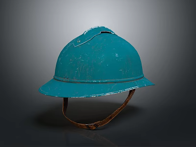 Vintage Soldier Helmet In Blue With Worn Surface And Brown Strap 3d model