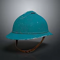 Vintage Soldier Helmet In Blue With Worn Surface And Brown Strap