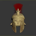 Ancient Warrior Helmet With Red Bird Plume And Golden Engraved Patterns