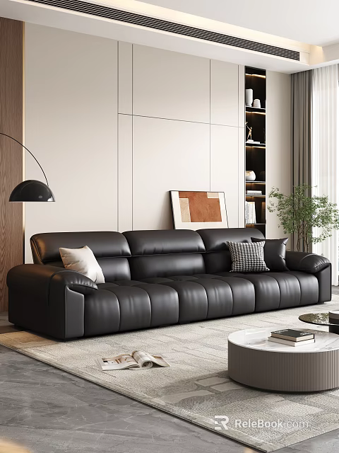 Modern Black Leather Sofa with Pillows and Round Coffee Table Set 3d model 