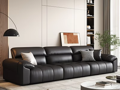 Modern Black Leather Sofa with Pillows and Round Coffee Table Set 3d model
