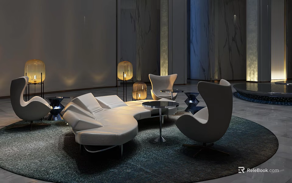 Modern Elegant Sofa and Coffee Table Set with White Upholstery Blue Rug and Marble Wall 3d model 