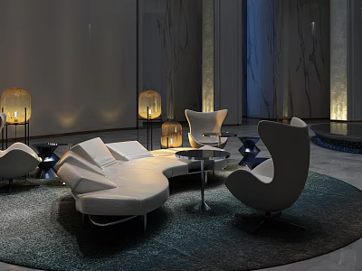 Modern Elegant Sofa and Coffee Table Set with White Upholstery Blue Rug and Marble Wall 3d model