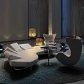 Modern Elegant Sofa and Coffee Table Set with White Upholstery Blue Rug and Marble Wall