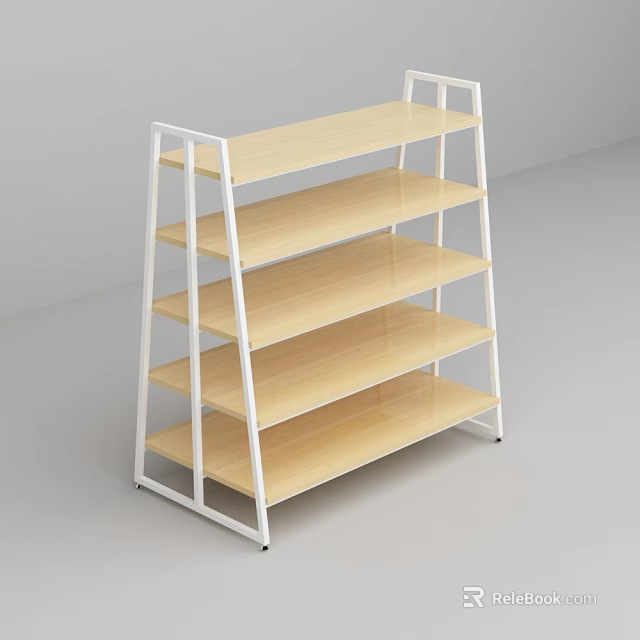 Modern Wooden Shelf with White Frame and Multiple Storage Tiers 3d model 