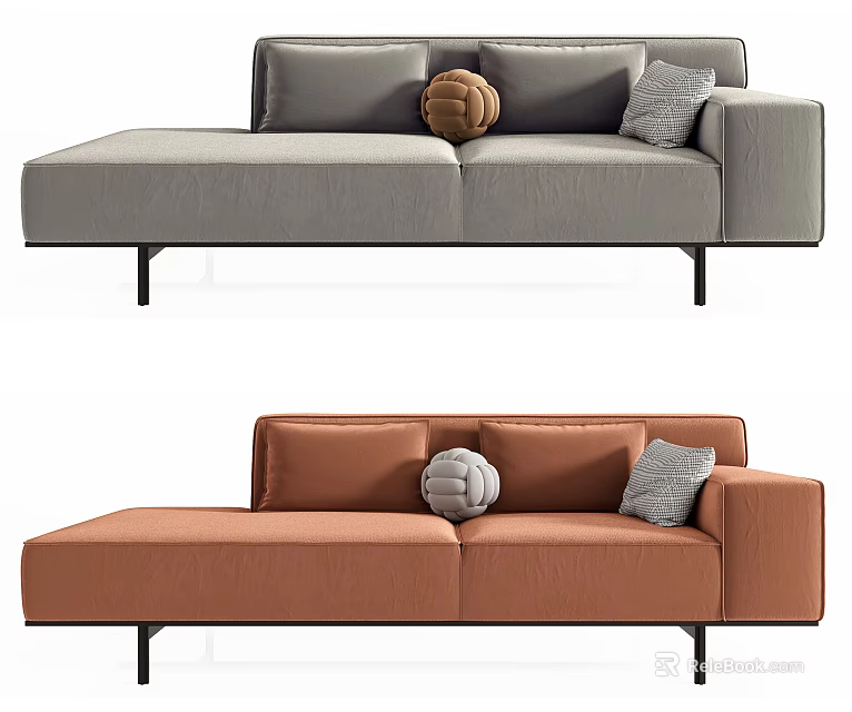 Modern Upholstered Chaise Lounge In Gray And Orange With Decorative Pillows 3d model 