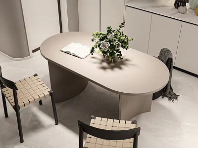 Modern Dining Table Set With Oval Top Woven Chairs Open Book And Green Plant Vase 3d model