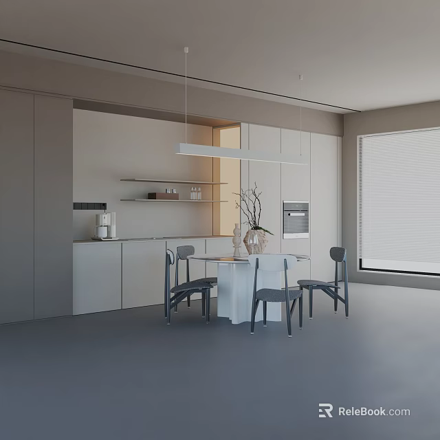 Modern Dining Table Set With White Round Table Gray Chairs And Pendant Light In Kitchen 3d model