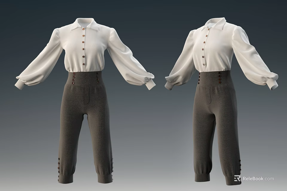 White Long Sleeve Shirt And Gray High Waisted Pants With Button Details 3d model 