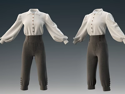 White Long Sleeve Shirt And Gray High Waisted Pants With Button Details 3d model