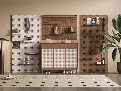 Wooden Shoe Cabinet With Perforated Panel Wall Storage Bags Towels And Potted Plant Decor 3d model