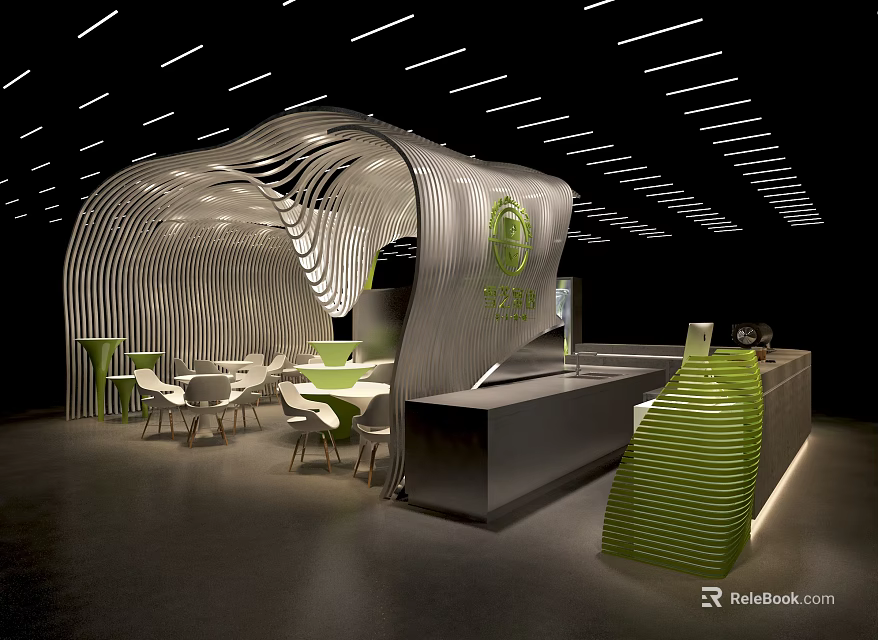 Modern Bubble Tea Shop Interior With Curved Wave Design Green Bar And Seating 3d model 