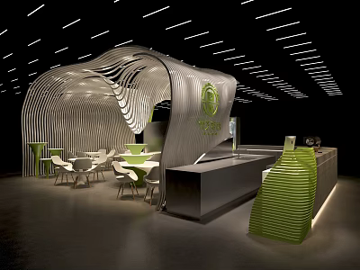 Modern Bubble Tea Shop Interior With Curved Wave Design Green Bar And Seating 3d model