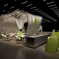 Modern Bubble Tea Shop Interior With Curved Wave Design Green Bar And Seating