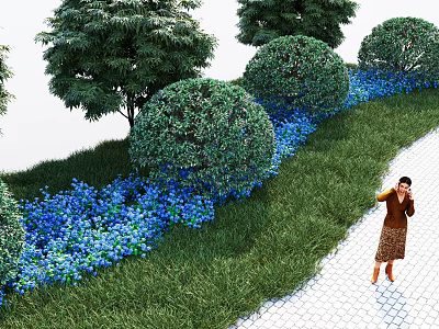 Park Landscape With Green Trees Trimmed Bushes Blue Flowers And White Brick Path 3d model