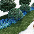 Park Landscape With Green Trees Trimmed Bushes Blue Flowers And White Brick Path
