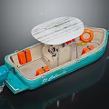 Blue Boat with White Canopy Orange Life Jackets Orange Life Ring and Outboard Motor