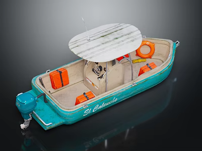Blue Boat with White Canopy Orange Life Jackets Orange Life Ring and Outboard Motor 3d model
