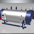 Industrial Steam Boiler With Cylindrical Silver Blue Body Control Panel Pipes And Valves