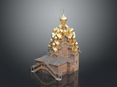 Russian Wooden Church Building with Golden Domes Cross on Top Gray Roof and Stairs Entrance 3d model