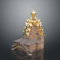 Russian Wooden Church Building with Golden Domes Cross on Top Gray Roof and Stairs Entrance