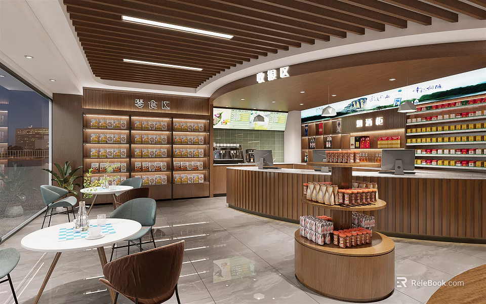 Supermarket Snack Area Interior Layout With Display Shelves Various Snacks Checkout Counter And Tables Chairs 3d model 