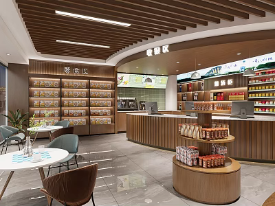 Supermarket Snack Area Interior Layout With Display Shelves Various Snacks Checkout Counter And Tables Chairs 3d model