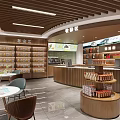 Supermarket Snack Area Interior Layout With Display Shelves Various Snacks Checkout Counter And Tables Chairs