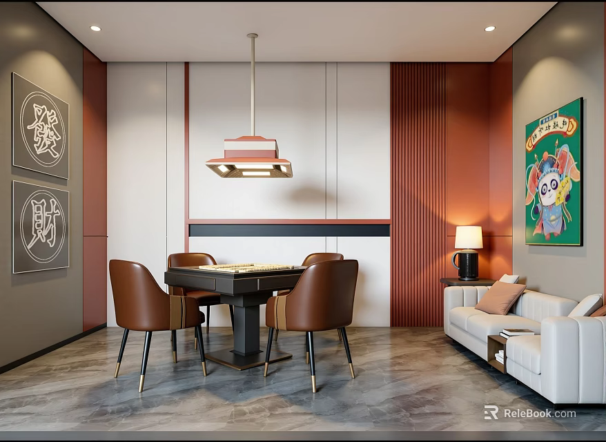 Modern Clubhouse Interior Design With Dining Table Brown Chairs Hanging Lamp Sofa And Decorative Paintings 3d model 