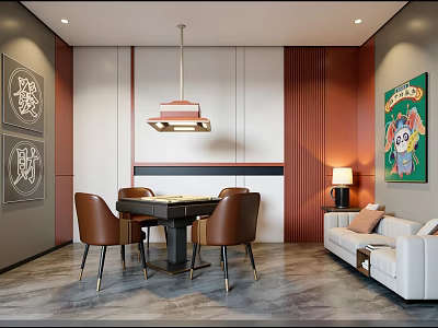 Modern Clubhouse Interior Design With Dining Table Brown Chairs Hanging Lamp Sofa And Decorative Paintings 3d model