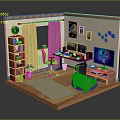 Home Office Room With Bookshelf Computer Desk TV Green Chair Wall Art And Carpet